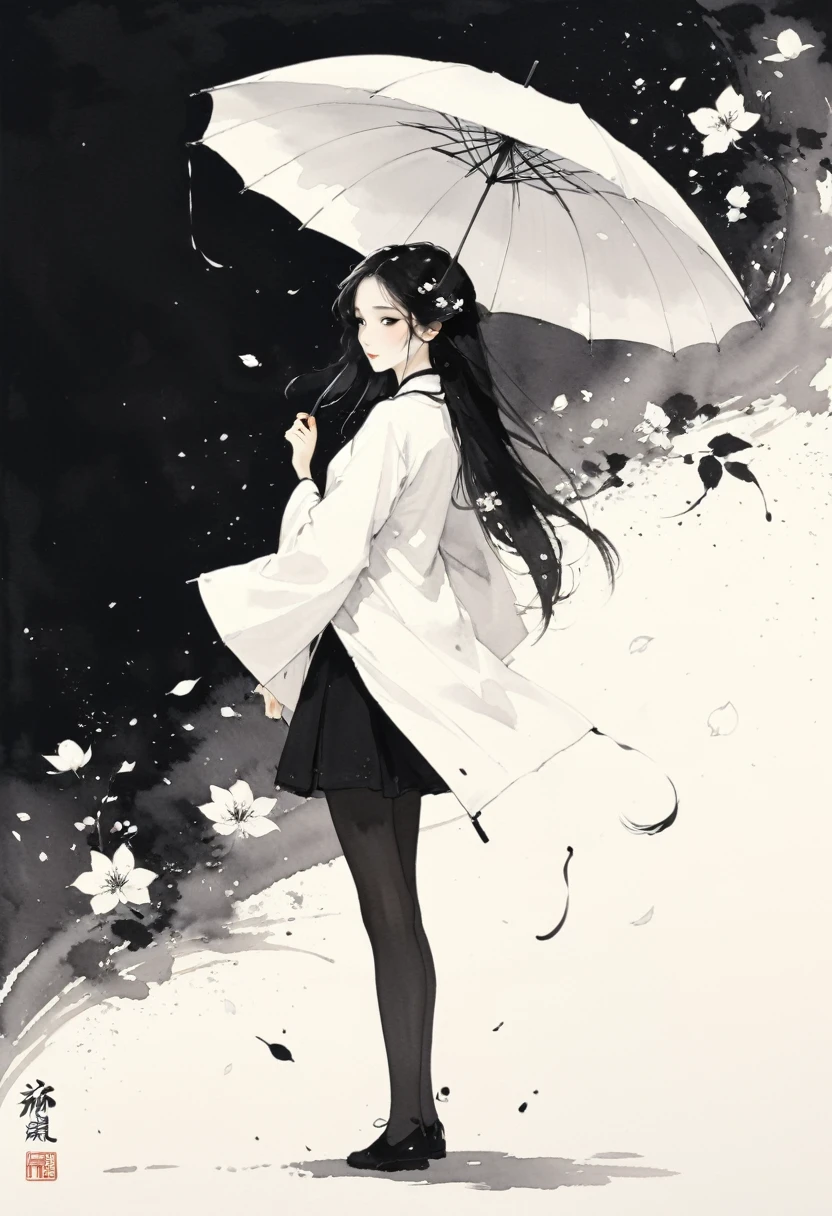 艺术Ink Painting，立体Ink Painting，Minimalism，Minimalism的图形，Minimal Art，Chinese anime girl，whole body，Chinese，，Ink Painting，Umbrella，Falling Flowers，Black long hair，Black and white background，古韵White space，White space，大面积White space，Textured Matte，Low saturation，Minimalism构图，Main Composition