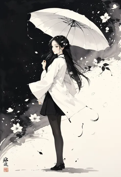 艺术ink painting，立体ink painting，minimalism，minimalism的图形，minimal art，chinese anime girl，whole body，chinese，，ink painting，umbrella，...