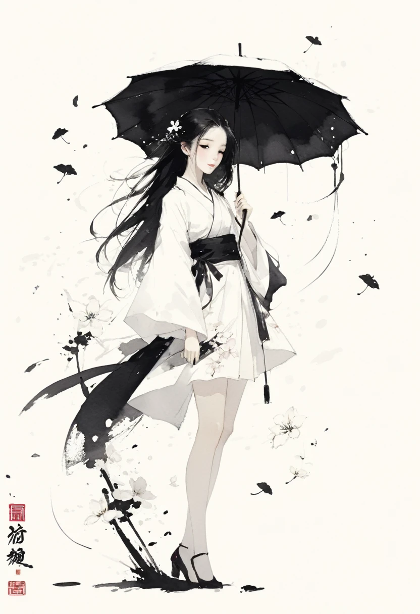 艺术Ink Painting，立体Ink Painting，Minimalism，Minimalism的图形，Minimal Art，Chinese anime girl，whole body，Chinese，，Ink Painting，Umbrella，Falling Flowers，Black long hair，Black and white background，古韵White space，White space，大面积White space，Textured Matte，Low saturation，Minimalism构图，Main Composition