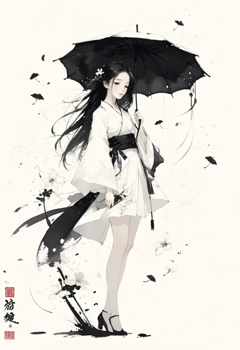 艺术ink painting，立体ink painting，minimalism，minimalism的图形，minimal art，chinese anime girl，whole body，chinese，，ink painting，umbrella，...