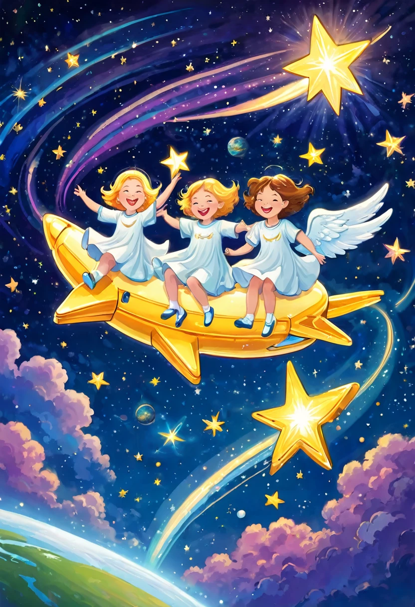 Smiling angels riding a shooting star, laughing, joy, dancing, outer space, happiness, planet, earth, enchanted, magical light