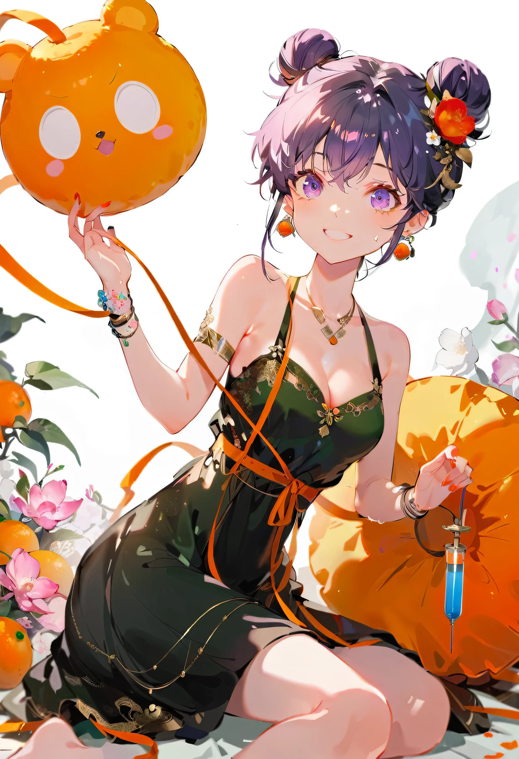 Purple hair girl painting、Glass mandarin orange earrings decorate both ears、Eye color: Ocean pink purple、Space Eyes、Poolside、(((Giant orange shaped cushion)))、((Hugging on a cushion))、Sit down, long hair、Bun Hair、Cool and complicated, Hand holding sliced orange, A very happy expression with plenty of orange juice、((The syringe contains orange juice))、Very embarrassed、The best smile、Open your mouth wide、Grin、Eyes closed、((Purple and black dress))、((Syringe Shoulder Bag)), Fun and lively characters, close( Perfect Anatomy )、Beautiful, translucent white skin、A purple dress slightly damp with sweat、Underwear is visible、quality\(8K,Highly detailed CG unit wallpaper, masterpiece,High resolution,top-quality,top-quality real texture skin,Super two-dimensional,Increase the resolution,RAW Photos,highest quality,Very detailed,wallpaper,Ray-tracing,Golden Ratio\),[Browsing Caution]、White and orange theme、Everything is orange except for the outfit, hairstyle, and eye color.、barefoot