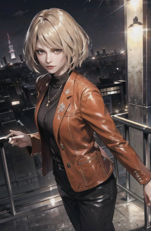 masterpiece, best quality, sharp image, detailed skin,depth of field, dslr photo, realistic, sharp focus, raytracing, piercing gaze,(serious expression, scoff), cowboy shot of  re4ashley, deep eyes, detailed pupils
(leather jacket,yakuza outfit), (tokyo skyscraper rooftop:1.3), (nighttime), (yakuza family pin on clothes:1.2),
cinematic lighting, perfect composition,  (re4ashley),