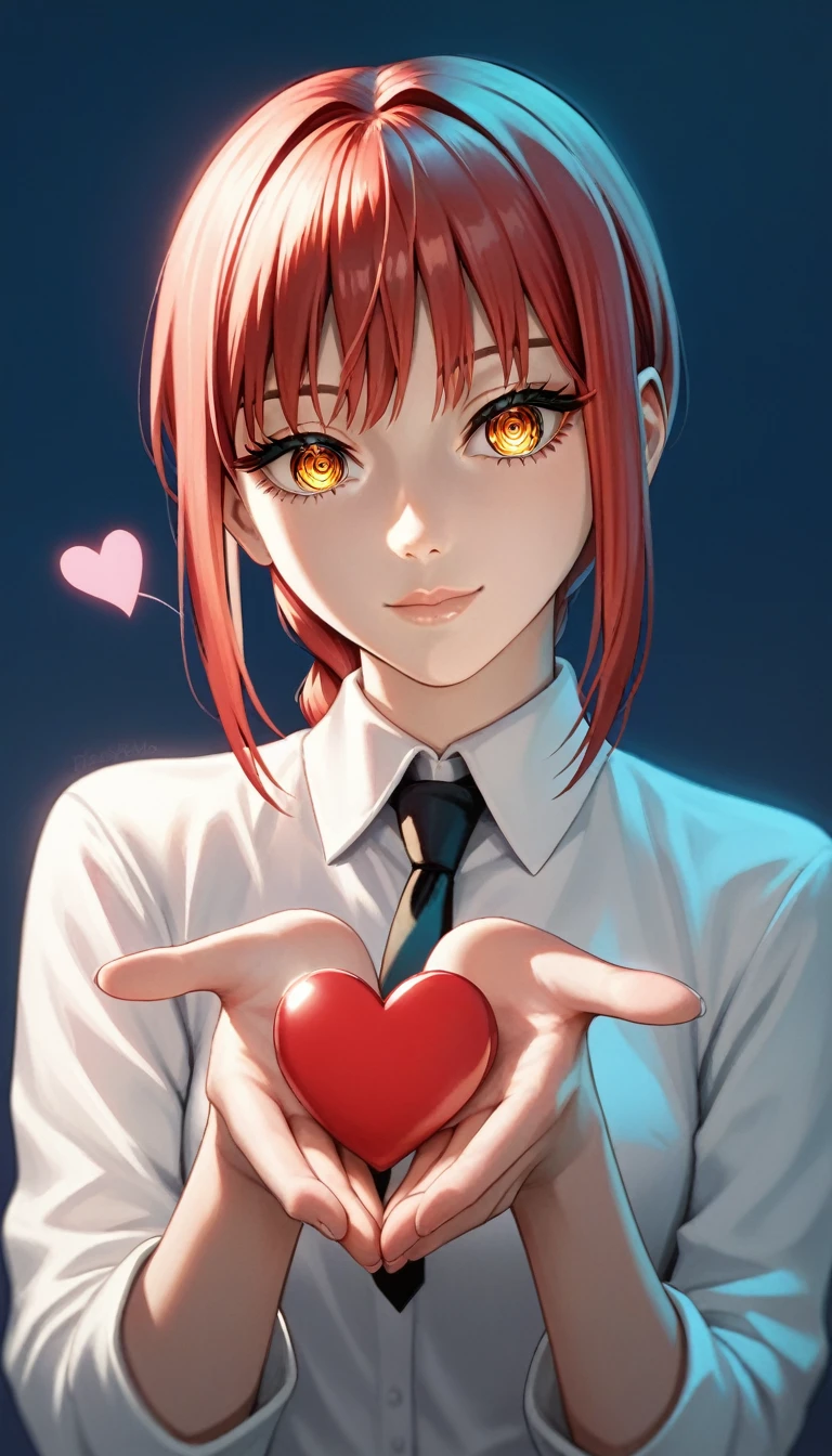 score_9, score_8_up, score_7_up, score_6_up, score_5_up, score_4_up, source_anime, rating_safe, 1girl, solo, makima \(chainsaw man\), detailed eyes, red hair, (blowing kiss, heart), better hands, perfect hands, detailed fingers, covered body: 1.1, joy expression, :o, lips together, closed mouth, cute expression, low lighting, cinematic lighting, night, sunset, (simple background)