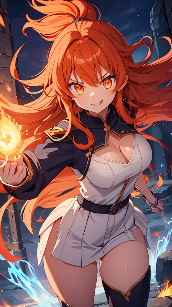 Name: Hibiki Kinура
Element: FLAMARA
Description: A fiery warrior maiden from the village of Chishiki, Hibiki is known for her fierce battle spirit and unyielding dedication to protecting her home and loved ones. With long, wavy auburn hair and fiery-orange eyes, she commands the elements of flames with grace and ferocity.
Prompt: ((((Obra maestra, La mejor calidad, ultrahigh resolution)))), 1girl, warrior pose, (auburn hair with afro puff:1), long wavy hair with bangs, orange skin, ((flaming_hair:0.8 Alpha:0.9 Jeasus:0.6 Horsepower:0.4, orange eyes, glowing eyes, perfect teeth)), ((ultra detailed face, detail every facial feature:1, detailed eyes:0.9, perfect eyebrows, realistic nose, raw expression:1, fierce, strong jaw:1)), (head tilted down:0.5), (standing on stone-filled courtyard:0.9, abandoned ruins, foggy background:1, sun setting on the horizon:0.8), sorta short outfit:1, covered arms, elbows and criteria in view, hands holdingpatasan, assistant: Never determined, cool demeanor:1, immaculate costume with accessories:1, ((slight smile, tongue out, fighting face, graceful_legs))