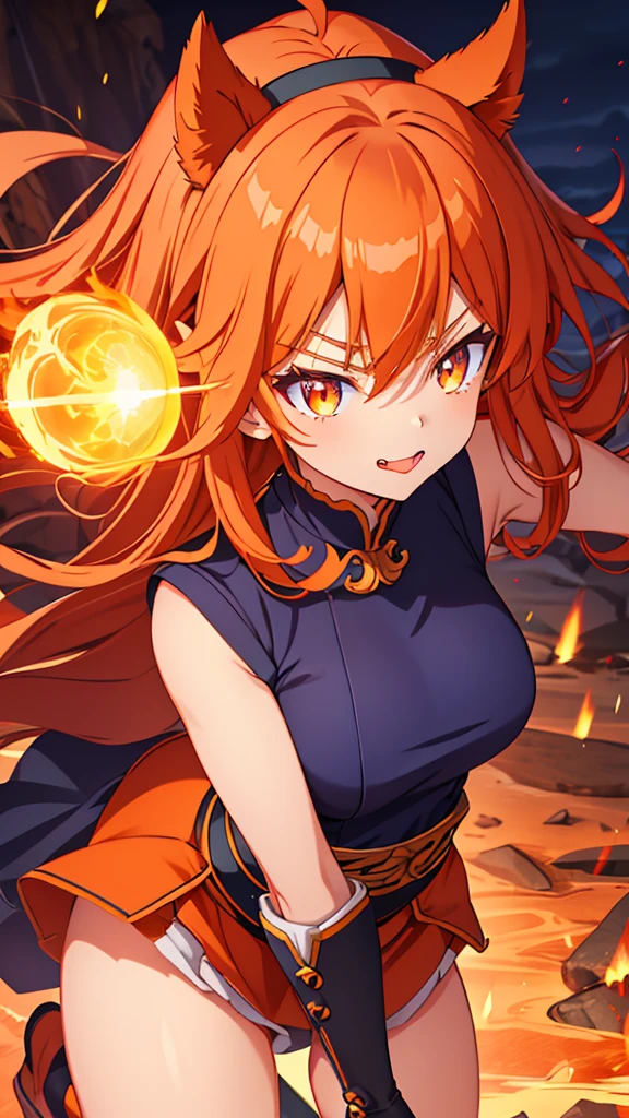 Name: Hibiki Kinура
Element: FLAMARA
Description: A fiery warrior maiden from the village of Chishiki, Hibiki is known for her fierce battle spirit and unyielding dedication to protecting her home and loved ones. With long, wavy auburn hair and fiery-orange eyes, she commands the elements of flames with grace and ferocity.
Prompt: ((((Obra maestra, La mejor calidad, ultrahigh resolution)))), 1girl, warrior pose, (auburn hair with afro puff:1), long wavy hair with bangs, orange skin, ((flaming_hair:0.8 Alpha:0.9 Jeasus:0.6 Horsepower:0.4, orange eyes, glowing eyes, perfect teeth)), ((ultra detailed face, detail every facial feature:1, detailed eyes:0.9, perfect eyebrows, realistic nose, raw expression:1, fierce, strong jaw:1)), (head tilted down:0.5), (standing on stone-filled courtyard:0.9, abandoned ruins, foggy background:1, sun setting on the horizon:0.8), sorta short outfit:1, covered arms, elbows and criteria in view, hands holdingpatasan, assistant: Never determined, cool demeanor:1, immaculate costume with accessories:1, ((slight smile, tongue out, fighting face, graceful_legs))