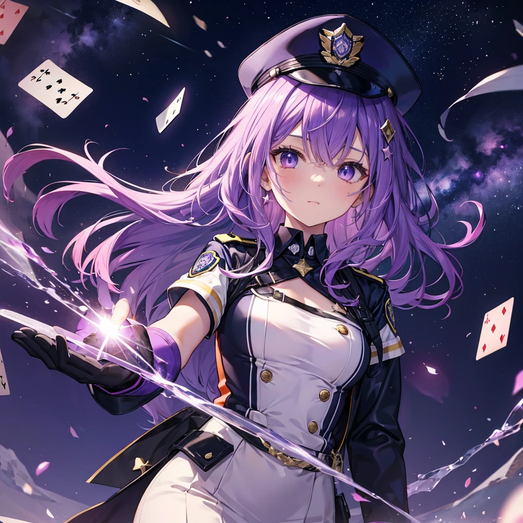 ((Fantasy　Purple Hair　Long Hair　Purple eyes　Female police officer　star badge　policeman's cap　Chest Opening　Lonely　despair))　((Spade playing card　Broken glass　gloves　milky way))　(comet　moon)　Catch the wind　autumn　Glowing purple background　Particles of light, Shining Edges　Low Angle