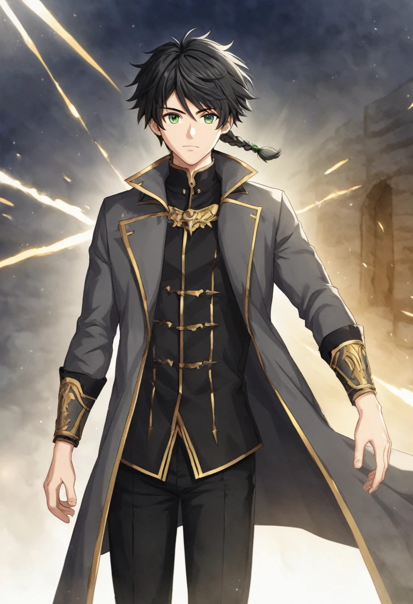 masterpiece, best quality, solo, 1boy, 20 years old, pitch black hair, dark gray coat, green eyes, braid, short hair, black shirt, black pants, fantasy, shadows