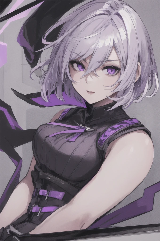 girl with short white hair, purple eyes, black short dress with purple lighting around her, highly detailed high contrast hd masterpiece of best quality in high resolution
