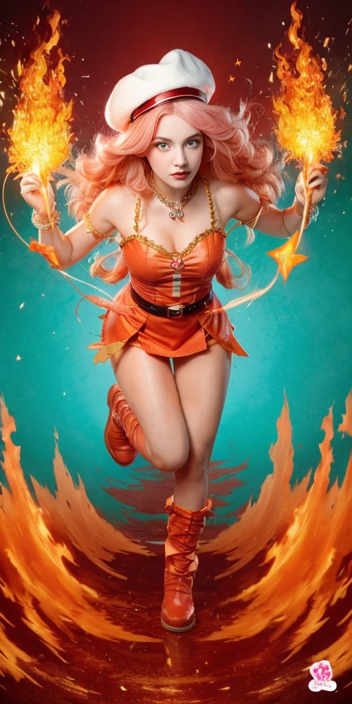 ((masterpiece,best quality)),(negative space:1.4),(1girl, solo:1.4),beautiful detailed eyes,floating pink hair, red hat, fireball, casting a fire spell, orange and red fractals background, looking to the side, teal eyes, fullbody, jumping