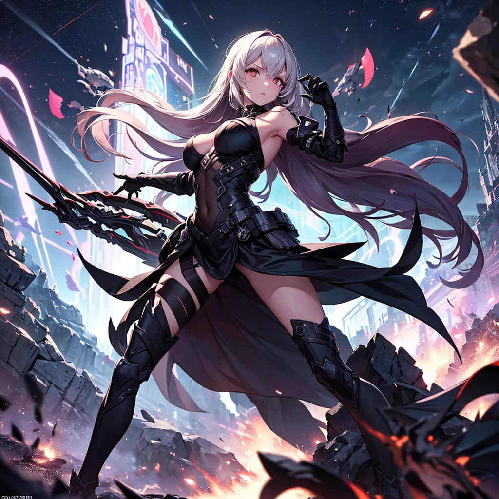 An intense and dramatic battle scene unfolds, featuring a fierce high school girl captured in mid-motion as she swings her colossal, legendary scythe. This scythe is a masterpiece, adorned with intricate and delicate patterns etched into its blade, glowing with a radiant, divine light that hints at its immense power. The weapon is surrounded by godly energy effects that pulse and shimmer, adding to its otherworldly presence.

The girl herself is a striking figure, wearing a sleek and stylish outfit that combines dark fabrics with intricate, edgy designs and poisonous-looking embroidery. Her attire blends traditional  elements with fantastical armor, creating a unique and formidable appearance. Her expression is one of fierce determination and unyielding resolve, perfectly matching the intensity of the battle.

The scene is brought to life with a dazzling array of special effects. Bright, piercing light contrasts with deep shadows, creating a visually stunning backdrop. Bolts of lightning crackle around her, while powerful wind pressure and speed effects emphasize the sheer force of her swing. The energy and movement in the scene are palpable, making it feel alive and dynamic.

Around her, shadowy minions of darkness gather, their twisted and eerie forms loyal only to her. These minions add a sense of depth and menace to the scene, highlighting her control over dark forces. The vibrant neon lights of the city in the background cast an otherworldly glow on the scene, enhancing the sense of urgency and chaos. Skyscrapers loom overhead, their lights flickering as the battle rages on.

The dramatic angle of the shot further intensifies the action, capturing the high-octane moment from a perspective that emphasizes the girl's power and the epic scale of the conflict. The combination of divine light, godly energy, and chaotic urban neon creates a stark contrast between light and dark, symbolizing the ultimate showdown between opposing forces.