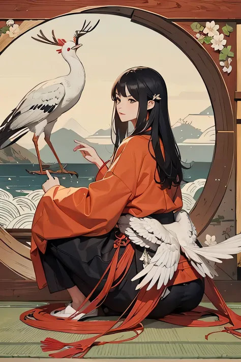 Change the bird in the background to a Japanese crane, Japanese cranes have no horns