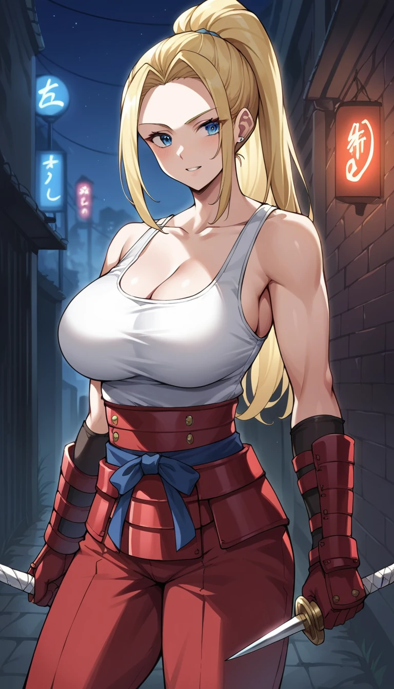 score_9,score_8_up,score_7_up,score_6_up, source_anime, zPDXL, girl,long hair, blonde hair, ponytail, blue eyes, white tank top, red (samurai armor), red gloves, pants, large breasts,  (getting undressed), night city, neon lights, dim lighting, dark alley,