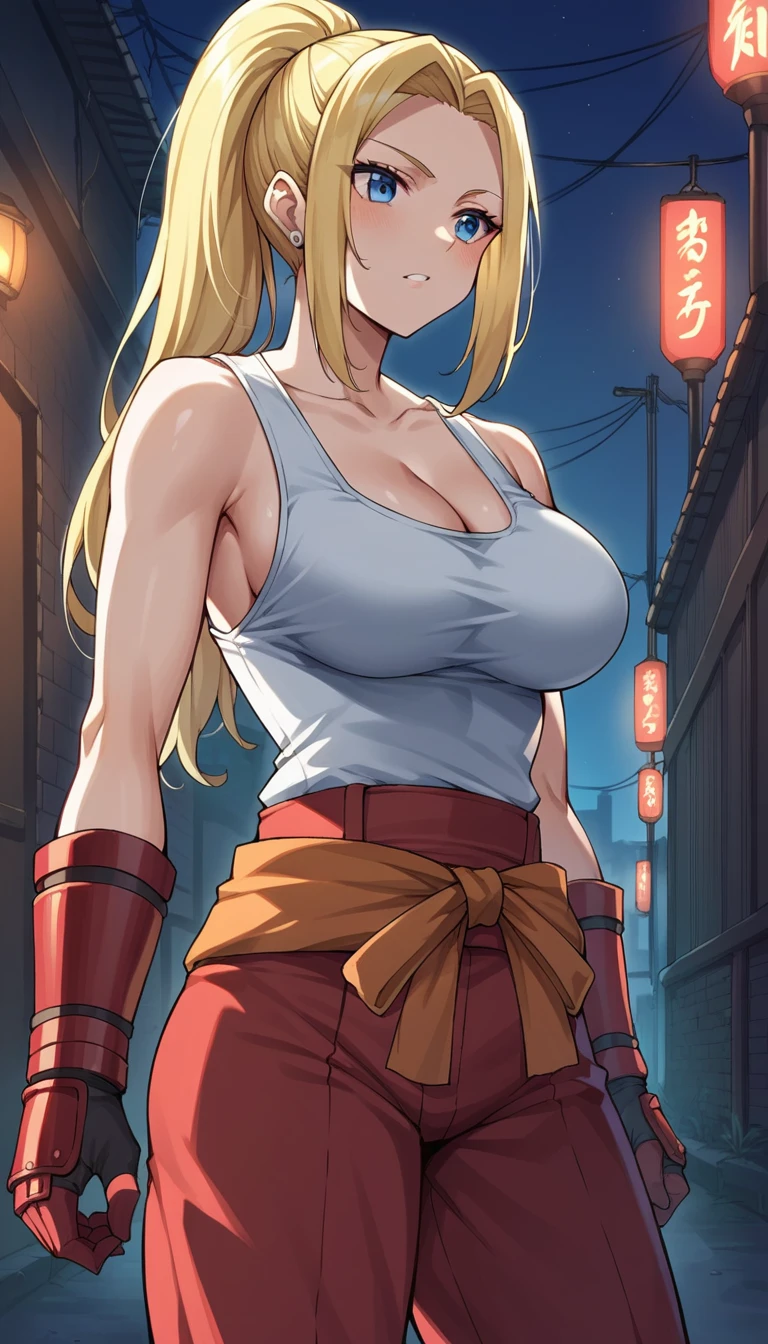 score_9,score_8_up,score_7_up,score_6_up, source_anime, zPDXL, girl,long hair, blonde hair, ponytail, blue eyes, white tank top, red (samurai armor), red gloves, pants, large breasts,  (getting undressed), night city, neon lights, dim lighting, dark alley,