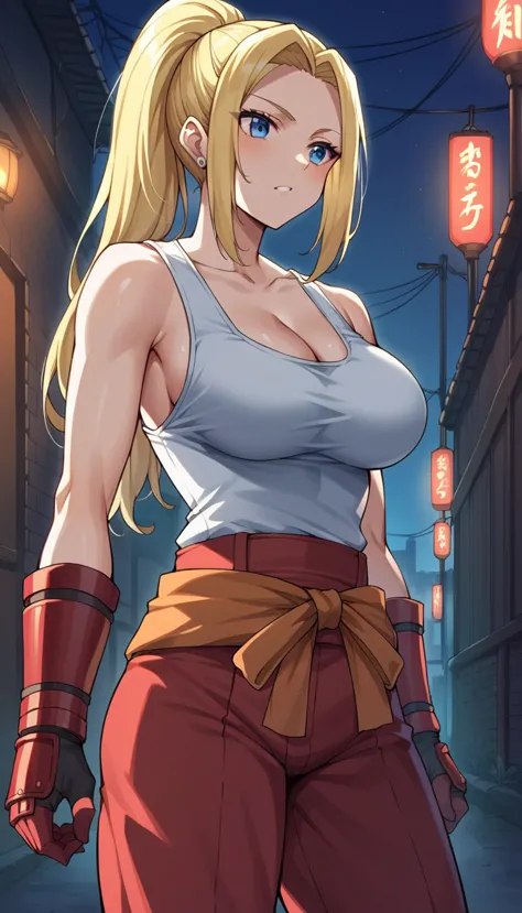 score_9,score_8_up,score_7_up,score_6_up, source_anime, zPDXL, girl,long hair, blonde hair, ponytail, blue eyes, white tank top,...