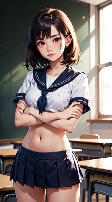 Woman in classroom, ((white crop top sailor suit)), blue student skirts, open navel, open belly, (show abdomen area), ((((arms c...
