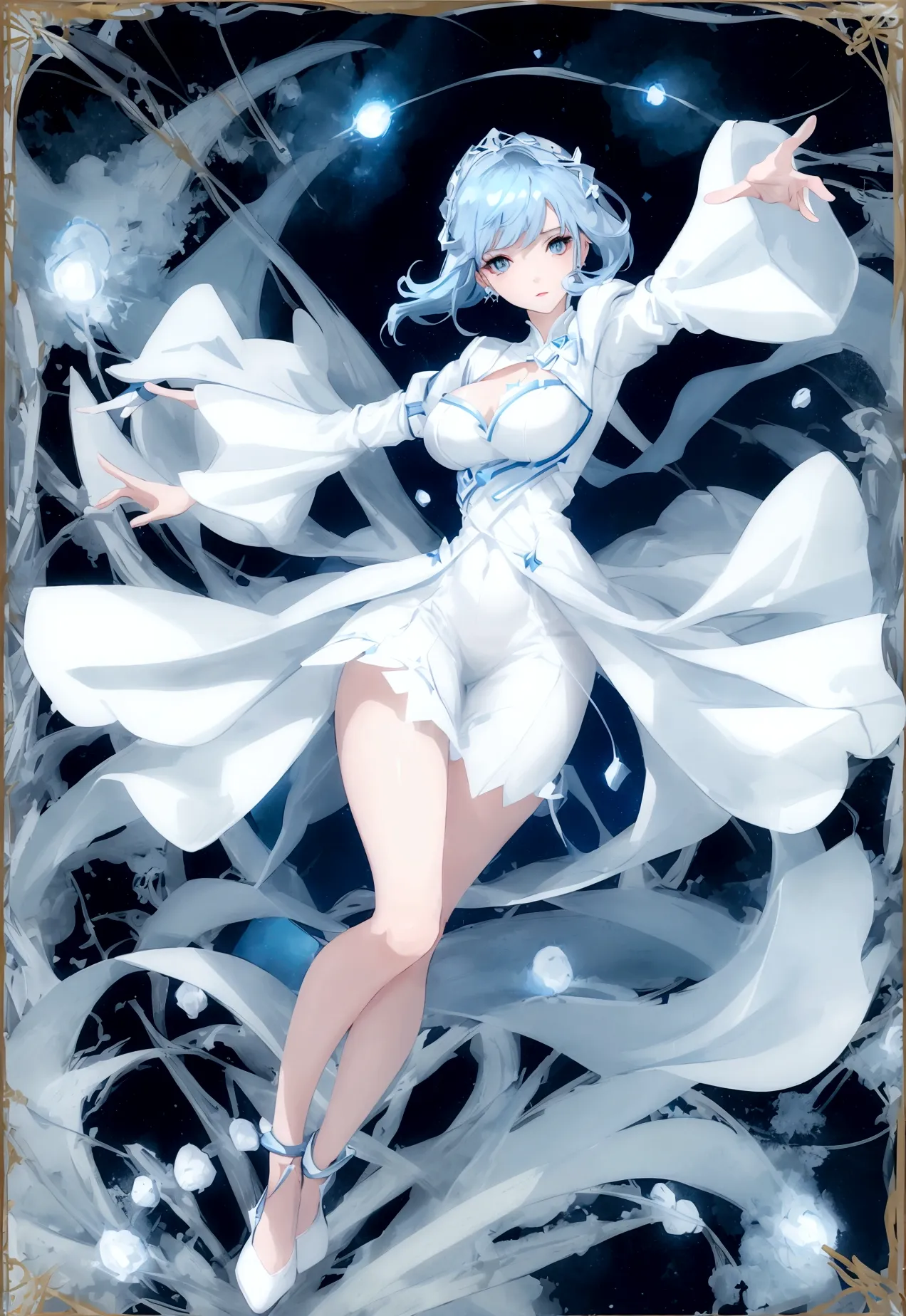 Character (adult woman) (light blue hair) (white elegant mini dress-style clothing) (character in dynamic pose) (full body in frame) (starry night)