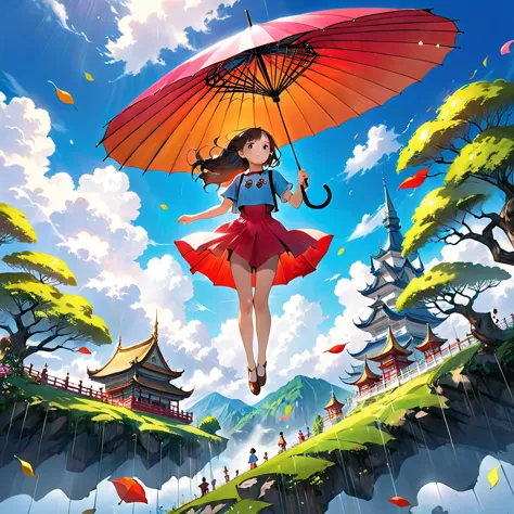 Full body portrait、(Girl floating in the air with a big colorful umbrella:1.9)、Low angle view、Blue sky background、(Highest quali...