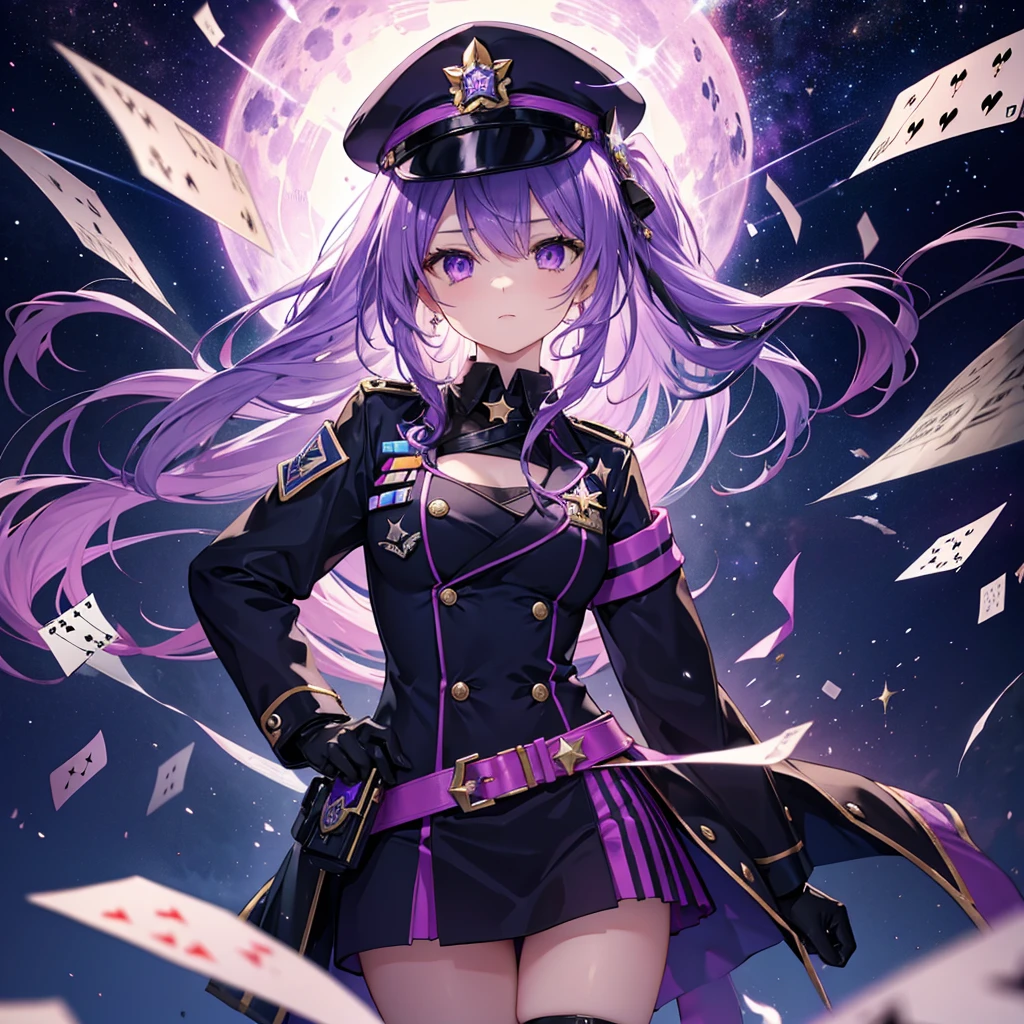 ((Fantasy　Purple Hair　Long Hair　Purple eyes　Female police officer　star badge　policeman's cap　Chest Opening　Lonely　despair))　((Spade playing card　Broken glass　gloves　milky way))　(comet　moon)　Catch the wind　autumn　Glowing purple background　Particles of light, Shining Edges　Low Angle