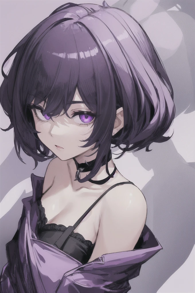 girl with short white hair, purple eyes, black short dress with purple lighting around her, highly detailed high contrast hd masterpiece of best quality in high resolution