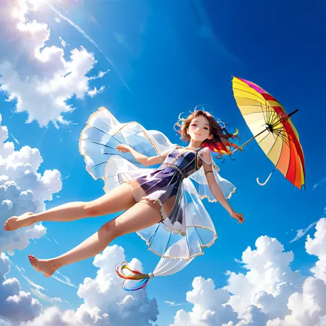Full body portrait、(Girl floating in the air with a big colorful umbrella:1.9)、Low angle view、Blue sky background、(Highest quali...