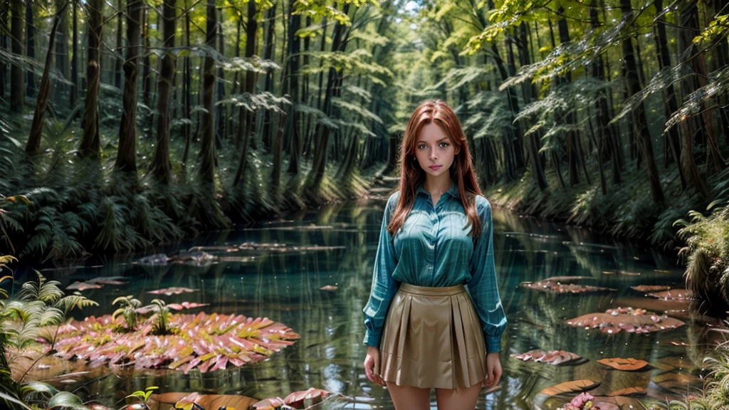 12K, HDR, BEST IMAGE, REALISTIC, FOREST, DARK GREEN, RIVER, A BEAUTIFUL YOUNG GIRL, 30 YEARS OLD, RED BROWN HAIR, LONG STRAIGHT, , RED LATEX SKIRT, , BLOUSE , LARGE PHOTO OF HER, STANDING, SKY BLUE EYES , BLUE ROUND PORTAL, TO ANOTHER WORLD, MYSTERIES OF DEEP NATURE