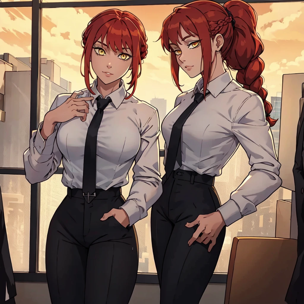 masterpiece,best quality,extreme detail,8k,makima2,1girl,solo,red hair,yellow eyes,ringed eyes,braided ponytail,With jacket: shirt,long sleeves,jacket,white shirt,necktie,collared shirt,pants,black jacket,black pants,formal,suit,black necktie,shirt tucked in,office lady,