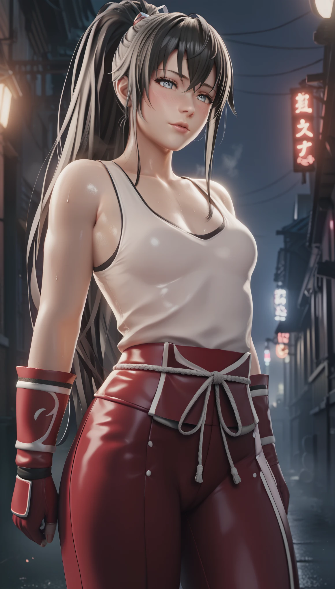 score_9, score_8_up, score_7_up, score_6_up, score_5_up, score_4_up, uncensored, yukinoshita yukino, absurdly long hair, grey eyes, black hair, very long hair, horny face, blush face, lips, naughty face, shiny skin, sweating, steaming body, curvy, voluptuous, heavy breathing, (small breasts:1.3), detailed body, detailed eyes, white tank top, red (samurai armor), red gloves, pants, (getting undressed), night city, neon lights, dim lighting, dark alley,