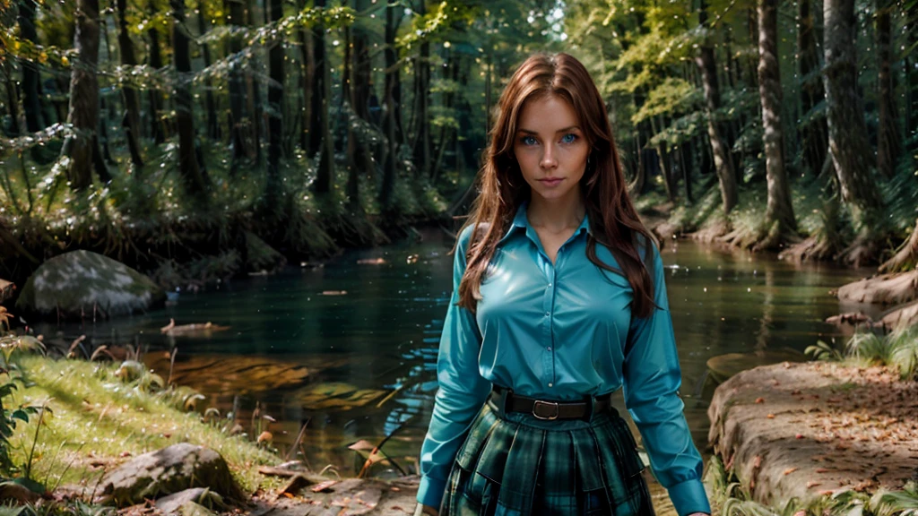 12K, HDR, BEST IMAGE, REALISTIC, FOREST, DARK GREEN, RIVER, A BEAUTIFUL YOUNG GIRL, 30 YEARS OLD, RED BROWN HAIR, LONG STRAIGHT, , RED LATEX SKIRT, , BLOUSE , LARGE PHOTO OF HER, STANDING, SKY BLUE EYES , BLUE ROUND PORTAL, TO ANOTHER WORLD, MYSTERIES OF DEEP NATURE