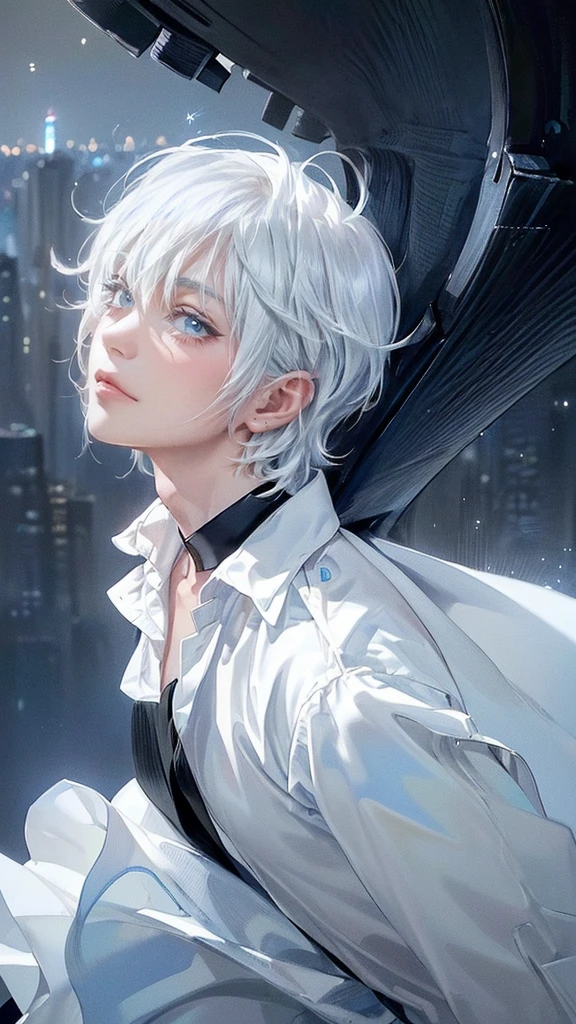 ((4K works))、​masterpiece、(top-quality)、One beautiful boy、Slim body、tall、((Black Y-shirt and white pants、Charming British knight style))、Please wear one jacket、(Detailed beautiful eyes)、Fantastic Night City、((City under the stars))、Fantastic city at midnight、((Face similar to Carly Rae Jepsen))、((Short-haired white hair))、((Smaller face))、((Neutral face))、((Bright blue eyes))、((American adult male))、((Adult male 26 years old))、((Cool Men))、((Like a celebrity))、((Crying expression))、((sad look))、((Korean Makeup))、((elongated and sharp eyes))、((Happy dating))、((boyish))、((Upper body photography))、Professional Photos、((Shot alone))、((She is looking up at the sky under the roof))、((Shot from the side))、((Crying profile))、((Face crying in pain))、((He is looking upwards))、((His eyes are looking down))、((He stands next to the viewer))、((He who cries))、I'm crying on a stick.、Man crying while standing、Solitude、saddened、desolate、suffocating、heartbreaking、auw、Tears dripping on the cheeks
