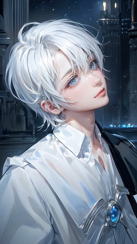 ((4K works))、​masterpiece、(top-quality)、One beautiful boy、Slim body、tall、((Black Y-shirt and white pants、Charming British knight style))、Please wear one jacket、(Detailed beautiful eyes)、Fantastic Night City、((City under the stars))、Fantastic city at midnight、((Face similar to Carly Rae Jepsen))、((Short-haired white hair))、((Smaller face))、((Neutral face))、((Bright blue eyes))、((American adult male))、((Adult male 26 years old))、((Cool Men))、((Like a celebrity))、((Crying expression))、((sad look))、((Korean Makeup))、((elongated and sharp eyes))、((Happy dating))、((boyish))、((Upper body photography))、Professional Photos、((Shot alone))、((She is looking up at the sky under the roof))、((Shot from the side))、((Crying profile))、((Face crying in pain))、((He is looking upwards))、((His eyes are looking down))、((He stands next to the viewer))、((He who cries))、I'm crying on a stick.、Man crying while standing、Solitude、saddened、desolate、suffocating、heartbreaking、auw、Tears dripping on the cheeks