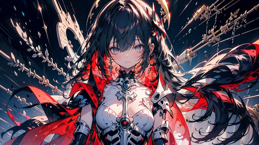 dark persona, grin, standing on pedestal, white leg armor, talking, knight, wavy hair, medium hair, Leading a ritual, dark purple eyes, audience, forehead jewel, white wing headdress, gripping spear in hand, shoulder armor, 1 female, armor, from side, white cape, runes, evil woman Executive, white dress, Ruined city, gold decoration, black hair, moonlight, earrings, chains, yin yang, long skirt, beautiful art, depth of field, high res, perfect face, detailed outfit