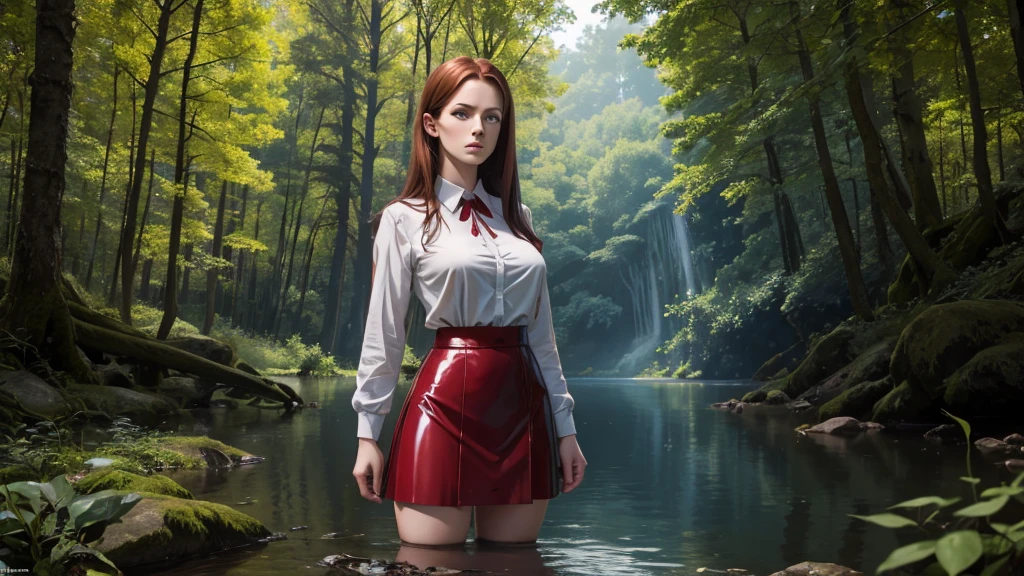 12K, HDR, BEST IMAGE, REALISTIC, FOREST, DARK GREEN, RIVER, A BEAUTIFUL YOUNG GIRL, 30 YEARS OLD, RED BROWN HAIR, LONG STRAIGHT, , RED LATEX SKIRT, , BLOUSE , LARGE PHOTO OF HER, STANDING, SKY BLUE EYES , BLUE ROUND PORTAL, TO ANOTHER WORLD, MYSTERIES OF DEEP NATURE