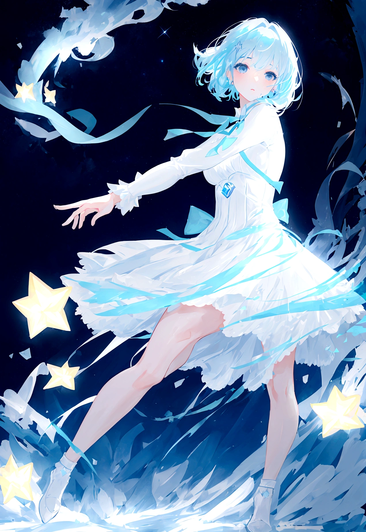 Character (adult woman) (light blue hair) (white elegant mini dress-style clothing) (character in dynamic pose) (full body) (starry night)