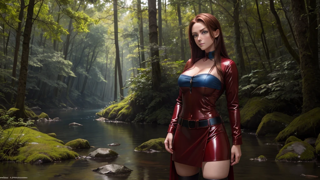 12K, HDR, BEST IMAGE, REALISTIC, FOREST, DARK GREEN, RIVER, A BEAUTIFUL YOUNG GIRL, 30 YEARS OLD, RED BROWN HAIR, LONG STRAIGHT, , RED LATEX SKIRT, , BLOUSE , LARGE PHOTO OF HER, STANDING, SKY BLUE EYES , BLUE ROUND PORTAL, TO ANOTHER WORLD, MYSTERIES OF DEEP NATURE