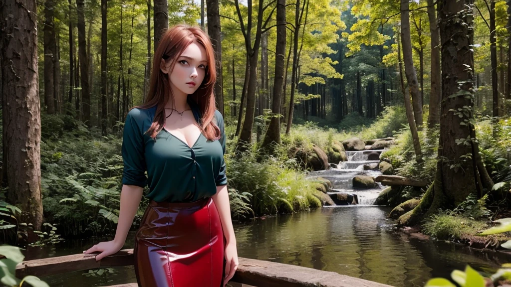 12K, HDR, BEST IMAGE, REALISTIC, FOREST, DARK GREEN, RIVER, A BEAUTIFUL YOUNG GIRL, 30 YEARS OLD, RED BROWN HAIR, LONG STRAIGHT, , RED LATEX SKIRT, , BLOUSE , LARGE PHOTO OF HER, STANDING, SKY BLUE EYES , BLUE ROUND PORTAL, TO ANOTHER WORLD, MYSTERIES OF DEEP NATURE