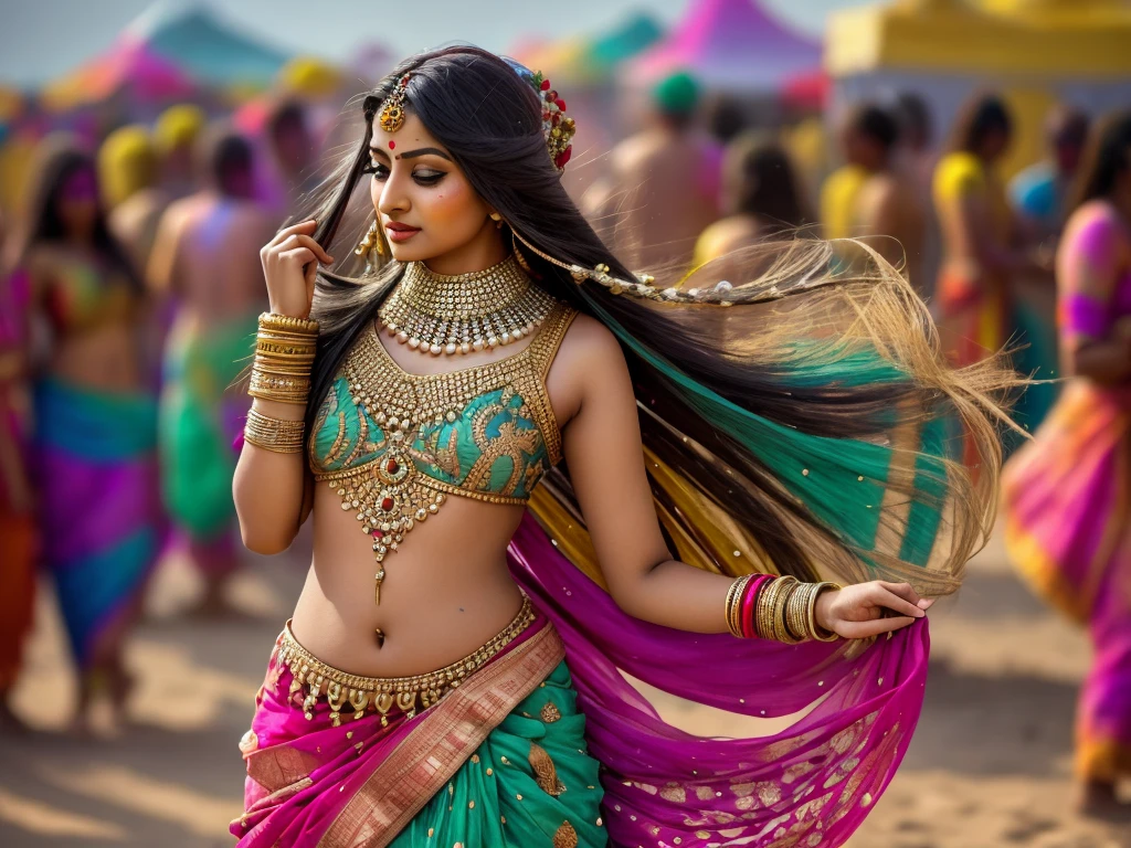 A stunning ghaghara choli-clad Indian woman stands out in a sea of colors at the holi festival. Her body is covered in intricate patterns of powder color, each one telling a unique story. With her long hair flowing in the wind, she embodies the spirit of the festival in all its diverse and creative glory. ((NSFW 0.75)), extra long hair, sensual pose, standing, with a blurred background and a bokeh effect