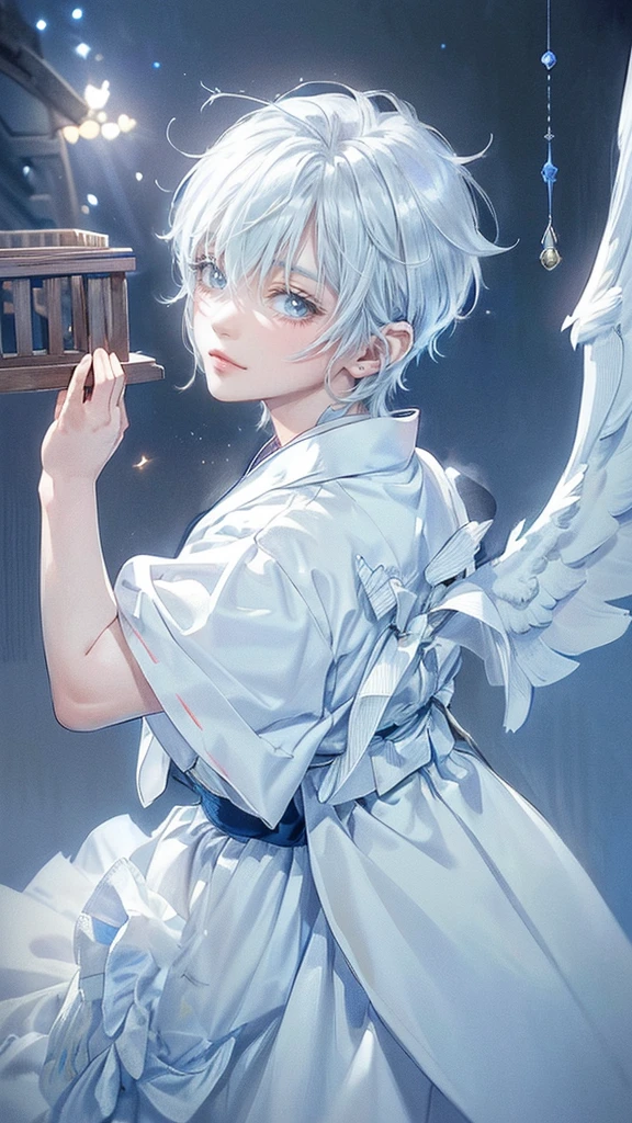 ((4K works))、​masterpiece、(top-quality)、One beautiful boy、angel wings on his back, Slim body、tall、((White japanese YUKATA))、(Detailed beautiful eyes)、Fantastic Night City、((City under the stars))、Fantastic city at midnight、((Short-haired white hair))、((Smaller face))、((Neutral face))、((Bright blue eyes))、((Like a celebrity))、((Crying expression))、((sad look))、((Korean Makeup))、((elongated and sharp eyes))、((Happy dating))、((boyish))、((Upper body photography))、Professional Photos、((Shot alone))、((He is looking up at the sky under the roof))、((Shot from the side))、((Face crying in pain))、((He is looking upwards))、((His eyes are looking down))、
(Young:1.4), (Child:1.4), (Shota:1.4), (male:1.4), (boy:1.4), (divine:1.4), (divine clothes:1.4)
