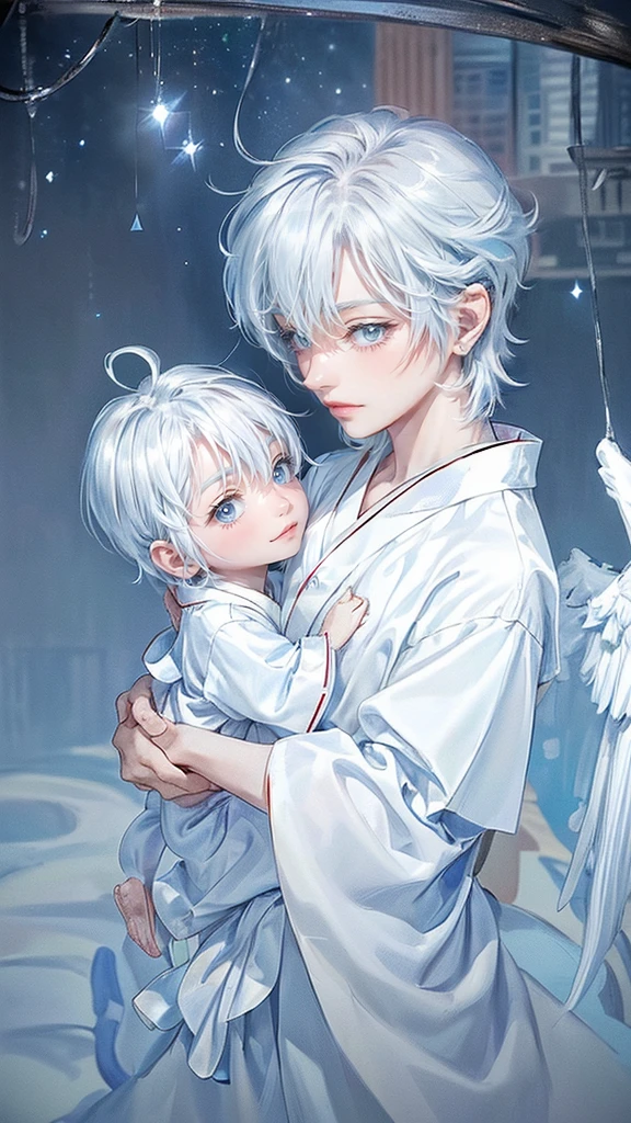 ((4K works))、​masterpiece、(top-quality)、One beautiful boy、angel wings on his back, Slim body、tall、((White japanese YUKATA))、(Detailed beautiful eyes)、Fantastic Night City、((City under the stars))、Fantastic city at midnight、((Short-haired white hair))、((Smaller face))、((Neutral face))、((Bright blue eyes))、((Like a celebrity))、((Crying expression))、((sad look))、((Korean Makeup))、((elongated and sharp eyes))、((Happy dating))、((boyish))、((Upper body photography))、Professional Photos、((Shot alone))、((He is looking up at the sky under the roof))、((Shot from the side))、((Face crying in pain))、((He is looking upwards))、((His eyes are looking down))、
(Young:1.4), (Child:1.4), (Shota:1.4), (male:1.4), (boy:1.4), (divine:1.4), (divine clothes:1.4)
