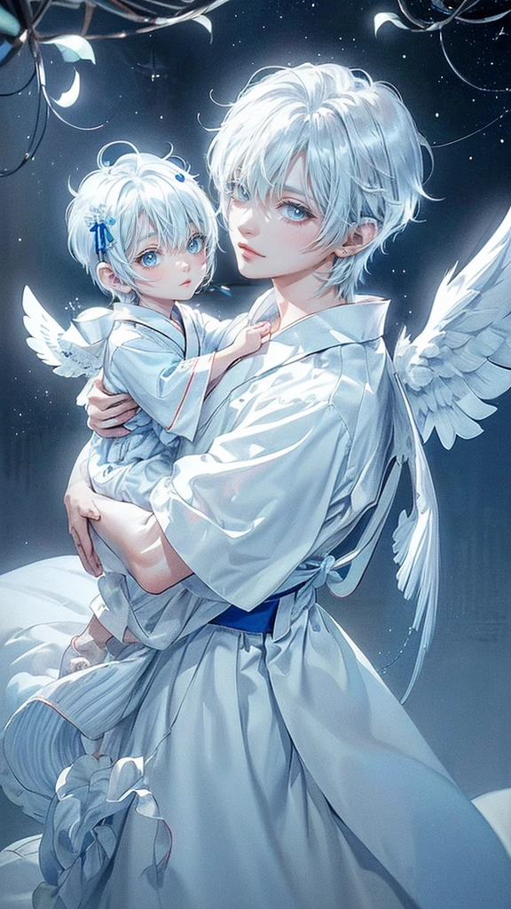 ((4K works))、​masterpiece、(top-quality)、One beautiful boy、angel wings on his back, Slim body、tall、((White japanese YUKATA))、(Detailed beautiful eyes)、Fantastic Night City、((City under the stars))、Fantastic city at midnight、((Short-haired white hair))、((Smaller face))、((Neutral face))、((Bright blue eyes))、((Like a celebrity))、((Crying expression))、((sad look))、((Korean Makeup))、((elongated and sharp eyes))、((Happy dating))、((boyish))、((Upper body photography))、Professional Photos、((Shot alone))、((He is looking up at the sky under the roof))、((Shot from the side))、((Face crying in pain))、((He is looking upwards))、((His eyes are looking down))、
(Young:1.4), (Child:1.4), (Shota:1.4), (male:1.4), (boy:1.4), (divine:1.4), (divine clothes:1.4)
