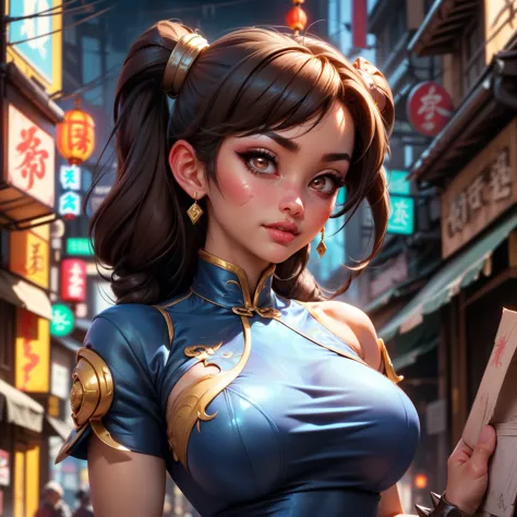 Chun Li,(black hair two braided) , brown eyes,  
Chinese clothing, spiked bracelet, earrings ,( chinese blue dress :1.4) 
standi...