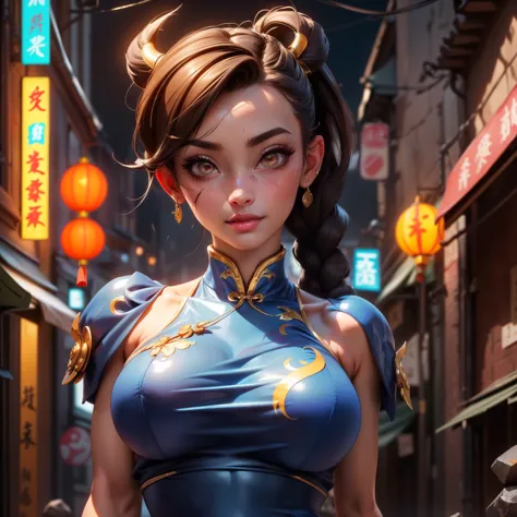 Chun Li,(black hair two braided) , brown eyes,  
Chinese clothing, spiked bracelet, earrings ,( chinese blue dress :1.4) 
standi...