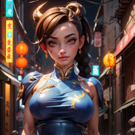 chun li,(black hair two braided) , brown eyes,  
chinese clothing, spiked bracelet, earrings ,( chinese blue dress :1.4) 
standi...