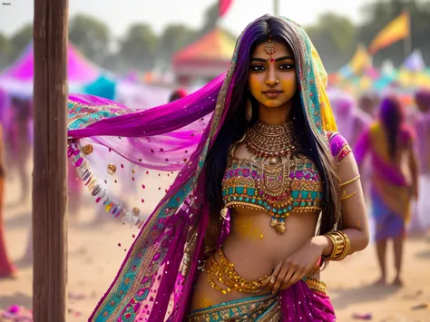 A stunning ghaghara choli-clad Indian woman (NSFW 0.75) stands out in a sea of colors at the holi festival. Her body is covered ...