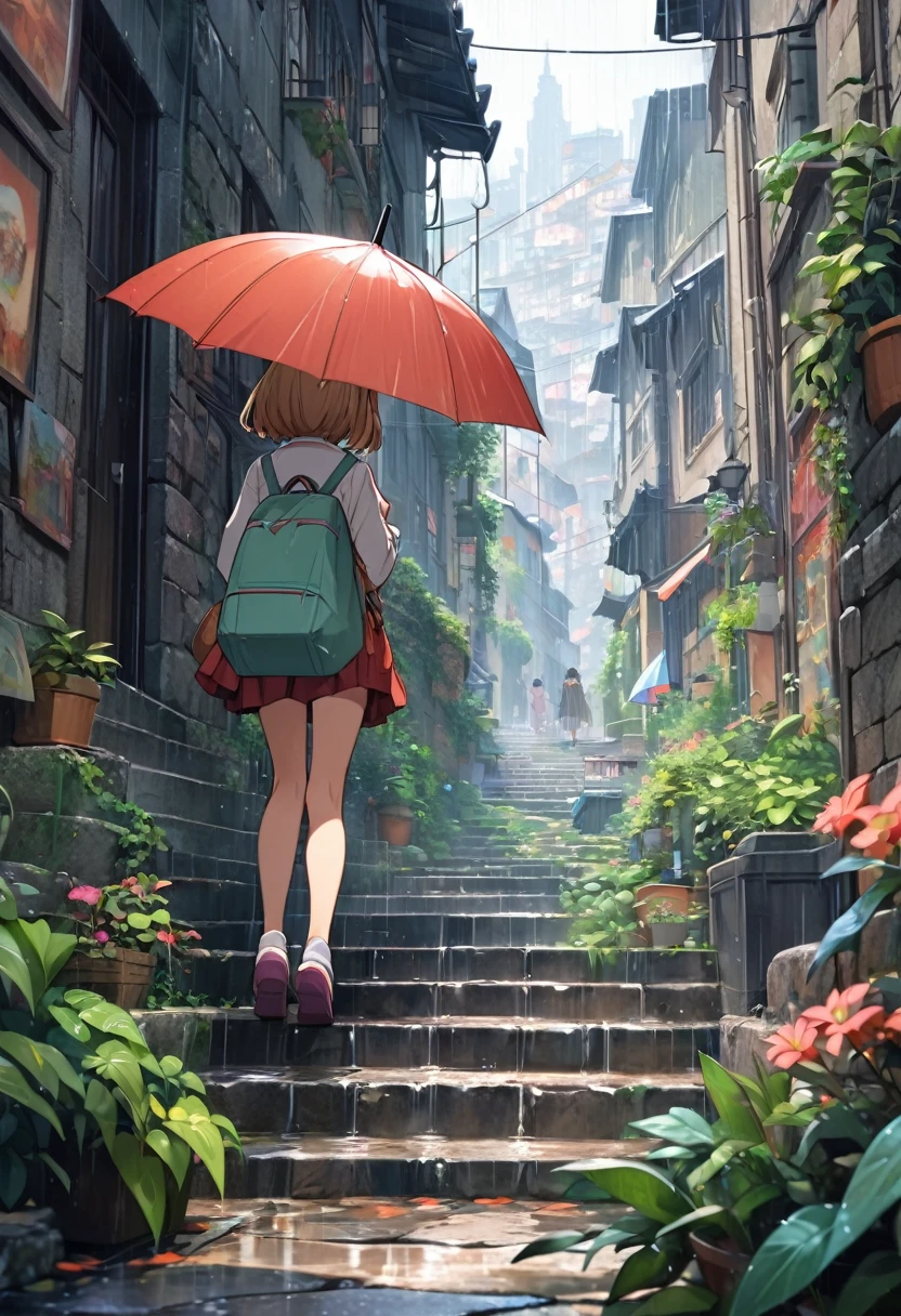 
        ( Perfect anatomical structure ) Little girl holding an umbrella on a rainy day(Back view standing foreground close-up)Hold an umbrella and walk up the stone stairs HD anime cityscape with narrow alley with many plants(stone staircase going up)anime scenery anime style cityscape, Colorful anime background anime art delicate art realistic super detailed digital art style