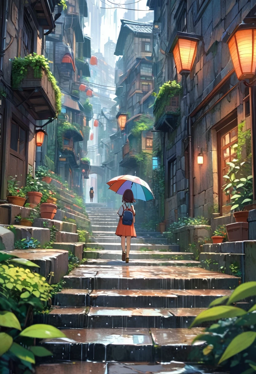 
        ( Perfect anatomical structure )  holding an umbrella on a rainy day(Back view standing foreground close-up)Hold an umbrella and walk up the stone stairs HD anime cityscape with narrow alley with many plants(stone staircase going up)anime scenery anime style cityscape, Colorful anime background anime art delicate art realistic super detailed digital art style