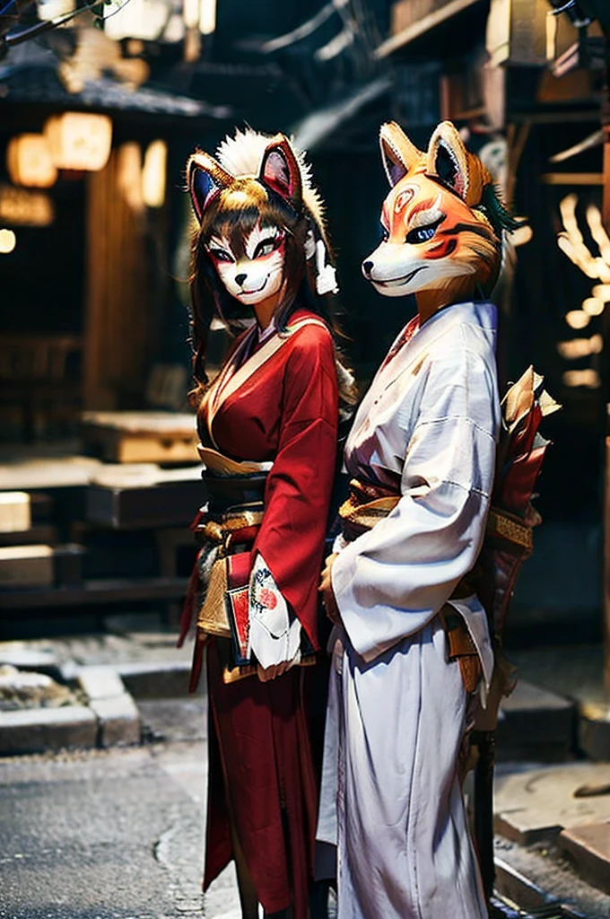 2 peopleの女性、Woman with furry face、2 people、fox mask、Fox ears、White kimono、shout、night、Japan Road、shrine、Low - Angle、Dynamic composition、Background blur