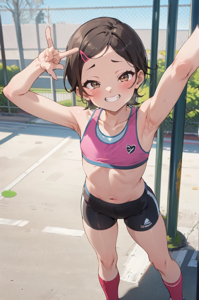 masterpiece, best quality, absurdres, 
1girl, ,, blush, ,,sports bra,bike shorts,looking viewer,,spoken heart,6yo,(petite),flat chest,,outdoor,grin,nsfw,socks,peace pose,armpit