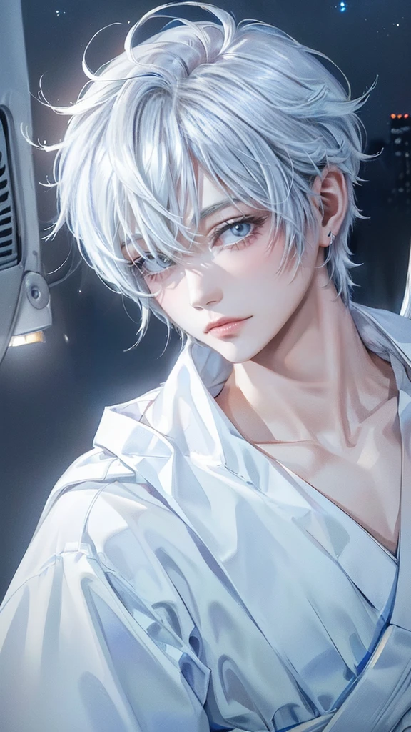 ((4K works))、​masterpiece、(top-quality)、One beautiful boy and a male with musculer、angel wings on his back, Slim body、tall、((White japanese YUKATA))、(Detailed beautiful eyes)、Fantastic Night City、((City under the stars))、Fantastic city at midnight、((Short-haired white hair))、((Smaller face))、((Neutral face))、((Bright blue eyes))、((Like a celebrity))、((Crying expression))、((sad look))、((Korean Makeup))、((elongated and sharp eyes))、((Happy dating))、((boyish))、((Upper body photography))、Professional Photos、((Shot alone))、((He is looking up at the sky under the roof))、((Shot from the side))、((Face crying in pain))、((He is looking upwards))、((His eyes are looking down))、

