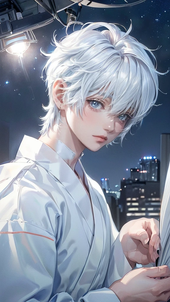 ((4K works))、​masterpiece、(top-quality)、One beautiful boy and a male with musculer、angel wings on his back, Slim body、tall、((White japanese YUKATA))、(Detailed beautiful eyes)、Fantastic Night City、((City under the stars))、Fantastic city at midnight、((Short-haired white hair))、((Smaller face))、((Neutral face))、((Bright blue eyes))、((Like a celebrity))、((Crying expression))、((sad look))、((Korean Makeup))、((elongated and sharp eyes))、((Happy dating))、((boyish))、((Upper body photography))、Professional Photos、((Shot alone))、((He is looking up at the sky under the roof))、((Shot from the side))、((Face crying in pain))、((He is looking upwards))、((His eyes are looking down))、

